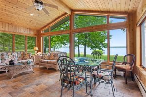 Image for Big Platte Lake Waterfront is the family room of the home on Birch Drive. This great room has a vaulted wood tongue and groove ceiling and windows on three sides. The end facing the lake has almost floor to ceiling views of the lake, dock and lawn. A door on one side leads to the deck.